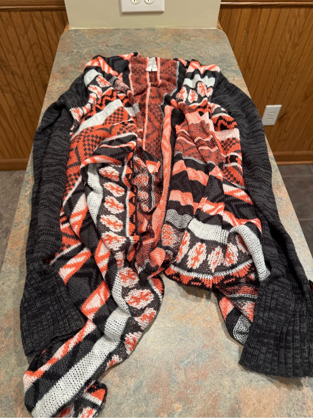 Vanity Striped Open-Front Knit Cardigan in Coral, Black & White